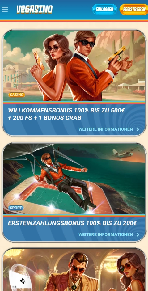 vegasino mobile bonuses page