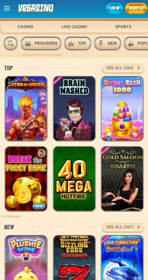 vegasino mobile games page