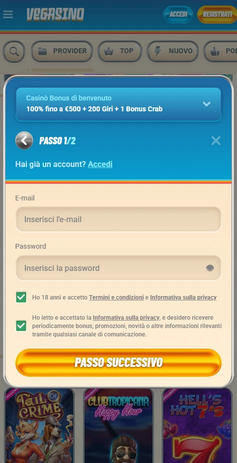 vegasino mobile login page