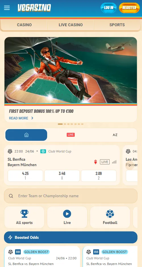 vegasino mobile sport page