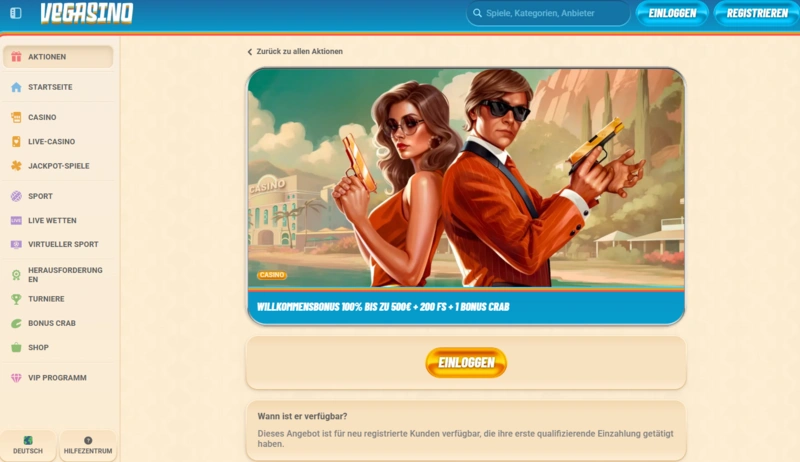 vegasino welcome bonus page